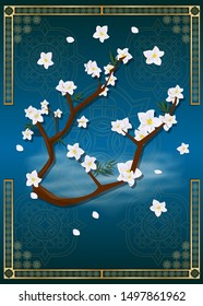 blossoming branch of the Sakura tree in a frame of ornament on a blue background