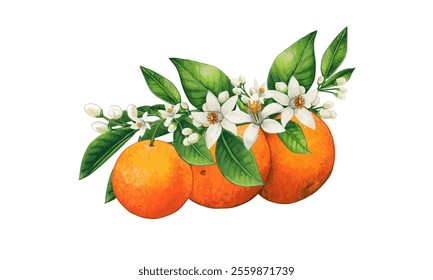 Blossoming branch of tangerine or mandarin with fruits. Tangerine plant flowers with leaves. Orange tropical fruits vector illustration.