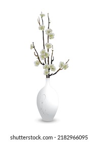 Blossoming branches of an apple tree (cherry, sakura) in a white ceramic vase isolated on a white background. Vector illustration.