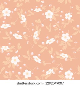 Blossoming branches of a cherry in misty haze on brown background. Sakura flowers seamless texture, vector