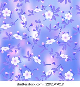 Blossoming branches of a cherry in misty haze on dark blue abstract background with a touch of pink, seamless texture, vector