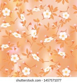 Blossoming branches of a cherry in misty haze on  peach abstract background, seamless texture, vector