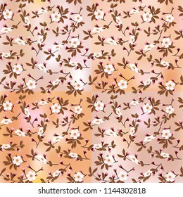 Blossoming branches of a cherry on   brown abstract background in the form of alternating squares, seamless texture, vector
