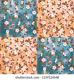 Blossoming branches of a cherry on the colored abstract background in the form of alternating squares , seamless texture, vector.