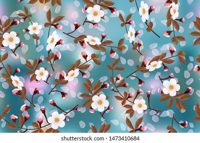 Blossoming branches of a cherry on dark blue pink abstract background, cherry petals floral seamless texture, vector