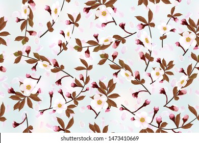 Blossoming branches of a cherry on heavenly blue abstract background. Sakura petals floral seamless texture, vector