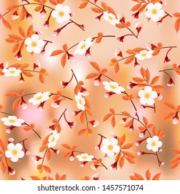 Blossoming branches of a cherry on  peach abstract background, seamless texture, vector