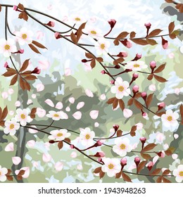 Blossoming branches of Japanese cherry and falling petals on abstract background. Pink Sakura floral texture, EPS 10 vector