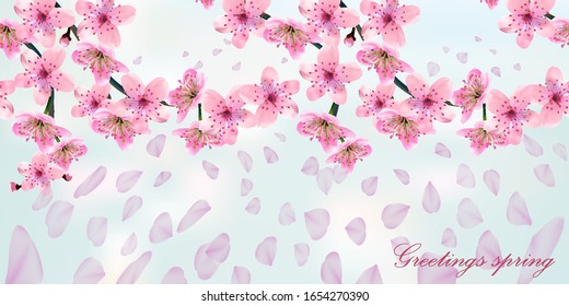 Blossoming branches of Japanese cherry 
with flying petals on blue abstract background. Pink Sakura floral  texture, horizontal seamless border,spring banner, EPS 10 vector