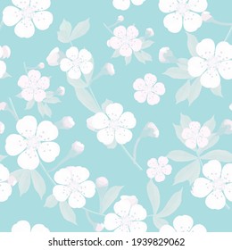 Blossoming branches of Japanese cherry on blue in a random arrangement square format. Pink Sakura texture, EPS 10, vector