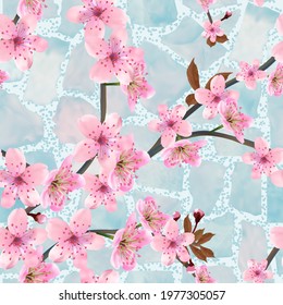 Blossoming branches of Japanese cherry on a natural stone wall background, seamless pattern, vector illustration