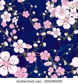 Blossoming branches of Japanese cherry on dark blue abstract background in a random arrangement square format suitable for textile. Pink Sakura floral texture, EPS 10 vector