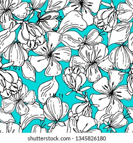 Blossoming branches of a tree. Ornament, seamless. Floral pattern for fabric, textile, cover. Wallpaper. Packaging. Cherry or Apple blossoms. Banner or poster. Wrapping paper.
