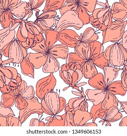 Blossoming branches of a tree. Ornament, seamless. Floral pattern for fabric, textile, cover. Wallpaper. Packaging. Cherry or Apple blossoms. Banner or poster. Wrapping paper.
