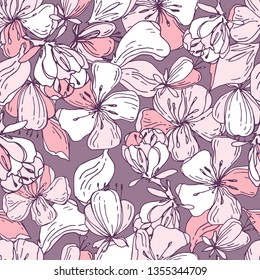 Blossoming branches of a tree. Ornament, seamless. Floral pattern for fabric, textile, cover. Wallpaper. Packaging. Cherry or Apple blossoms. Banner or poster. Wrapping paper.
