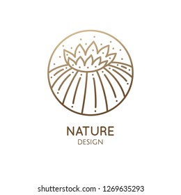 Blossoming cactus logo. Vector round emblem of home plant with thorns, flower in linear style. Abstract stylized illustration for bussines design, hand made packaging of natural, eco products