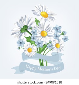 Blossoming chamomiles with spring flowers on white. Vector illustration. Perfect for background greeting cards and invitations of the wedding, birthday, Valentine's Day, Mother's Day.