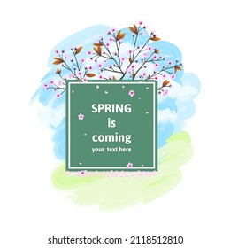 Flores de cerezo en el fondo de la naturaleza. Bonito marco de resorte claro. Ilustración vectorial