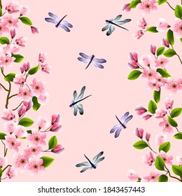 Blossoming cherry and dragonflies in the pattern.Seamless pattern with blooming cherries and dragonflies on a colored background.