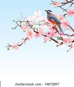 blossoming cherry tree with beautiful bird vector, high detailed image