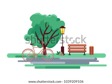Blossoming city park in spring with a dense green tree, a bench and a bicycle. Vintage urban lamp. Outdoor nature landscape illustration. Happy enviroment. Flat vector illustration isolated on white.