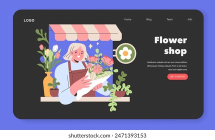 Blossoming Florist Shop A cheerful florist arranges a bouquet with care, surrounded by the vivid colors of fresh blooms in a quaint flower shop Vector illustration