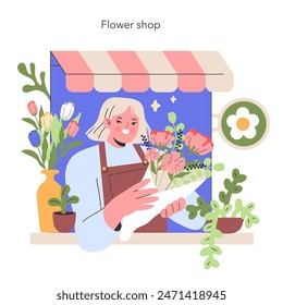 Blossoming Florist Shop A cheerful florist arranges a bouquet with care, surrounded by the vivid colors of fresh blooms in a quaint flower shop Vector illustration