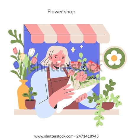 Blossoming Florist Shop A cheerful florist arranges a bouquet with care, surrounded by the vivid colors of fresh blooms in a quaint flower shop Vector illustration