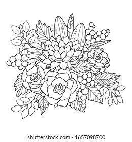 Blossoming flowers bouquet vector illustration. Drawing for the coloring book or page for kids or adults.