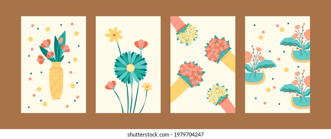Blossoming flowers in pastel style. Bright flowers in vases and pots. Postcard invitation design. Flowers and bouquet concept for banners, website design or backgrounds