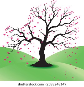 Blossoming Heart Tree on Rolling Green Hills: A Romantic Valentine's Day Scene