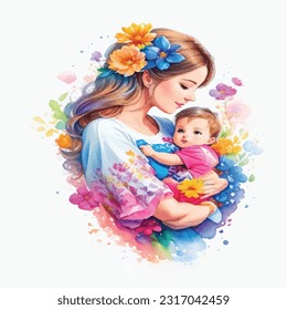 Blossoming Love: Watercolor Artwork of a Mother and Baby