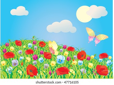 blossoming meadow with red flowers