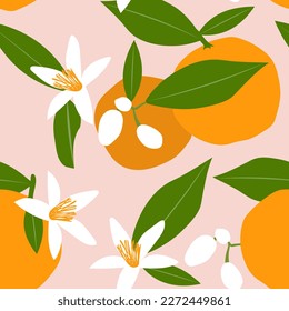 Blossoming of oranges. Citrus tropical fruits on a pink background with green leaves create a cute seamless pattern for printing on fabrics. Vector.