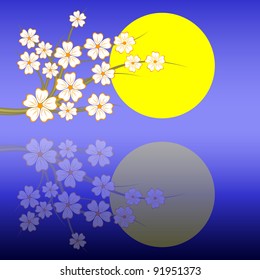 Blossoming oriental cherry against the moon in the night sky.