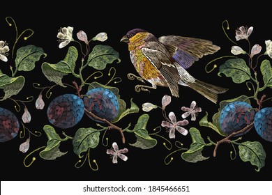 Blossoming plum embroidery, white flowers and birds on black background. Horizontal seamless pattern. Botanical garden art. Template fashionable clothes, t-shirt design 
