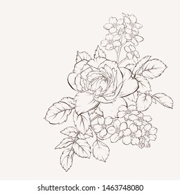 Blossoming rose  flowers with alpine flowers forget me not . Vector illustration. Perfect for background greeting cards and invitations of the wedding, birthday, Valentine's Day, Mother's Day.