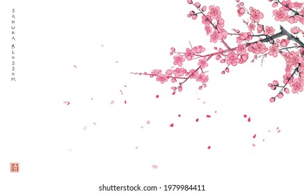 Blossoming sakura branch and falling petals. Traditional oriental ink painting sumi-e, u-sin, go-hua. Hieroglyph - clarity