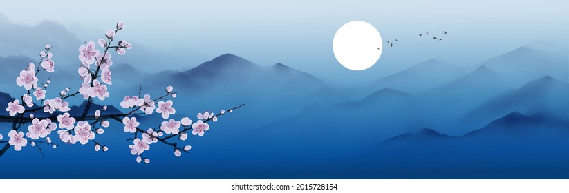 Blossoming sakura branches and misty mountains with gentle slopes. Traditional oriental ink painting sumi-e, u-sin, go-hua.  