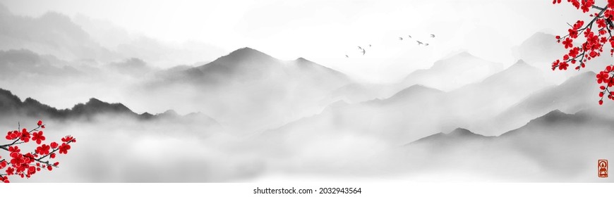 Blossoming sakura branches and misty mountains with gentle slopes. Traditional oriental ink painting sumi-e, u-sin, go-hua.  