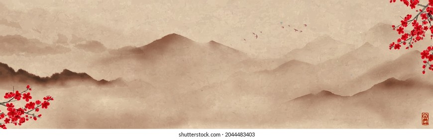 Blossoming sakura branches and misty mountains with gentle slopes on vintage background. Traditional oriental ink painting sumi-e, u-sin, go-hua.