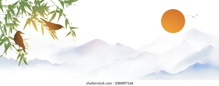 Blossoming sakura branches and misty mountains with gentle slopes. Traditional oriental ink painting sumi-e, u-sin, go-hua.  