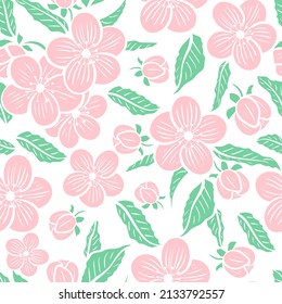 Blossoming sakura branches seamless pattern. Background with delicate spring tree flowers. Apple, almond or cherry blossom template for design vector illustration