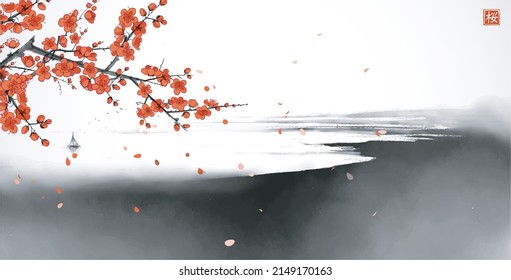 Blossoming sakura and calm sea. Traditional oriental ink painting sumi-e, u-sin, go-hua.  Translation of hieroglyph - blossom.