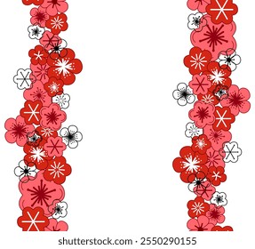 Blossoming sakura, cherry or apple buds and flowers seamless vertical border, pattern. Spring blossoms, springtime vector graphic clipart. Hand drawn isolated illustration on white background

