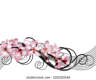 Blossoming sakura cherry branch with pink flowers on white background. Cherry blossom spring design. Vector illustration