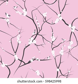 Blossoming sakura or cherry trees japanese seamless pattern
