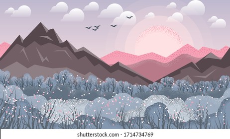 blossoming sakura trees against the backdrop of mountains, hills, forest, sky with the rising sun, clouds and silhouettes of flying birds. Natural flat landscape design. vector