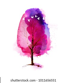 Blossoming Spring watercolor pink tree and flock of white flying birds.