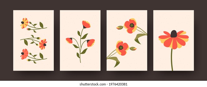 Blossoming summer flowers collection of contemporary art posters. Set of botanic designs in pastel style on beige background. Flowers and blossom concept for banners, postcard invitation designs